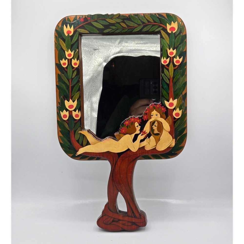 Vintage Hand‎ Mirror Wood Carving Art Nouveau Nymphs Flowers Vanity Decor